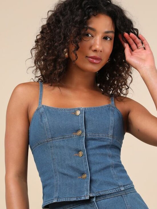 Lulus Tops - Lulus Kamile Blue Chambray Button-front Tank Top - Size L